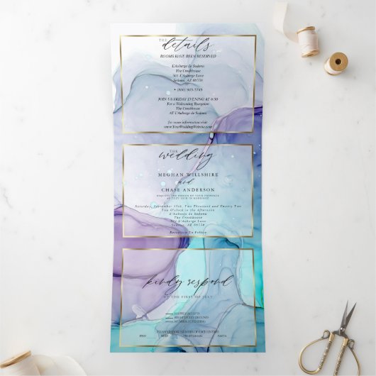 Verbluffende Aqua Violet Abstract Ink Tri Fold Inv Drieluik Uitnodiging (Binnen)