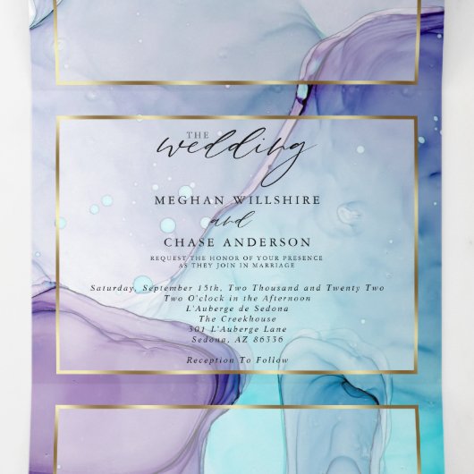 Verbluffende Aqua Violet Abstract Ink Tri Fold Inv Drieluik Uitnodiging (Binnenkant midden)