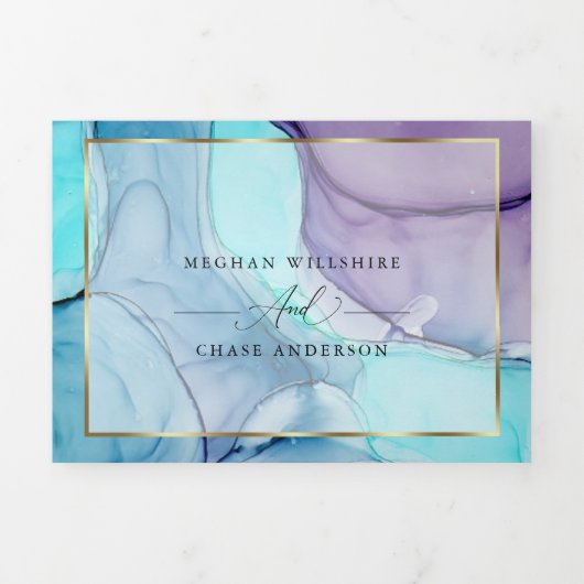 Verbluffende Aqua Violet Abstracte inkt drievoudig Drieluik Uitnodiging (Cover)