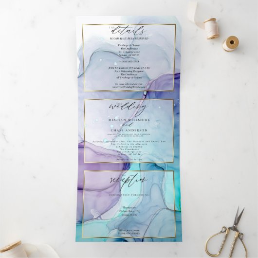 Verbluffende Aqua Violet Abstracte inkt drievoudig Drieluik Uitnodiging (Binnen)