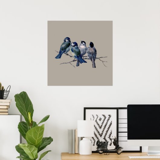 Verbluffende  Art Blue Birds op vertakking x 4 Cad Poster (Thuiskantoor)