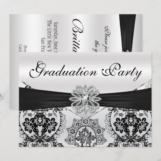 Verbluffende Black en Silver Damask Graduparty Kaart (Voorkant / Achterkant)