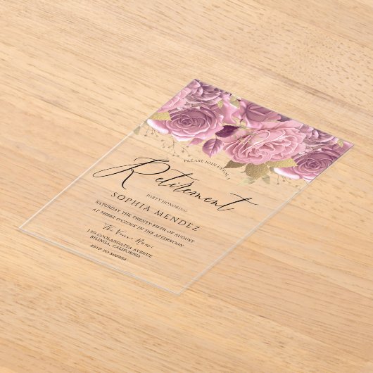 Verbluffende bleekroze Floral Gold Retirement Part Acryl Uitnodigingen (Laagn)