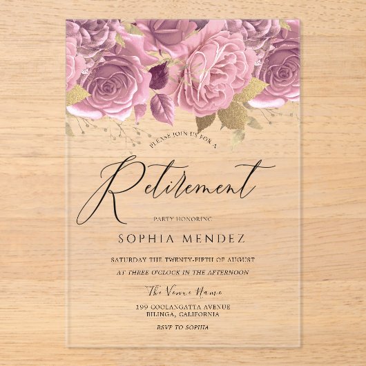 Verbluffende bleekroze Floral Gold Retirement Part Acryl Uitnodigingen (Voorkant)