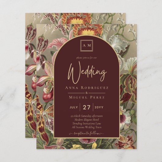 Verbluffende  botanische Bourgogne Floral Weddin (Voorkant / Achterkant)