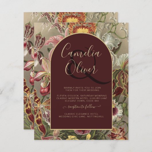 Verbluffende  botanische Bourgogne Floral Weddin (Voorkant / Achterkant)