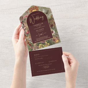 Verbluffende  botanische Bourgogne Floral Weddin All In One Uitnodiging