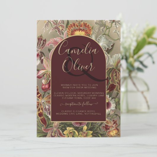 Verbluffende  botanische Bourgogne Floral Weddin Kaart (Staand voorkant)