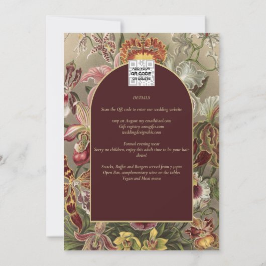 Verbluffende  botanische Bourgogne Floral Weddin Kaart (Achterkant)