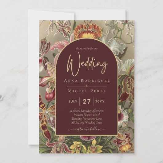 Verbluffende  botanische Bourgogne Floral Weddin Kaart (Voorkant)