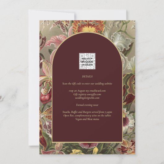 Verbluffende  botanische Bourgogne Floral Weddin Kaart (Achterkant)