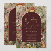 Verbluffende  botanische Bourgogne Floral Weddin Kaart (Voorkant / Achterkant)