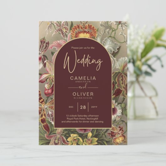 Verbluffende  botanische Bourgogne Floral Weddin Kaart (Staand voorkant)