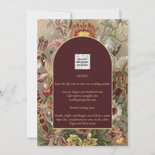 Verbluffende  botanische Bourgogne Floral Weddin Kaart (Achterkant)