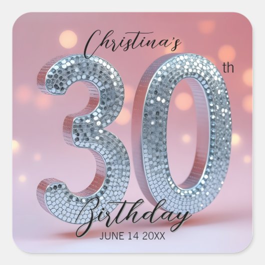Verbluffende Chic Pink en Silver Sequin 30 Verjaar Vierkante Sticker (Voorkant)