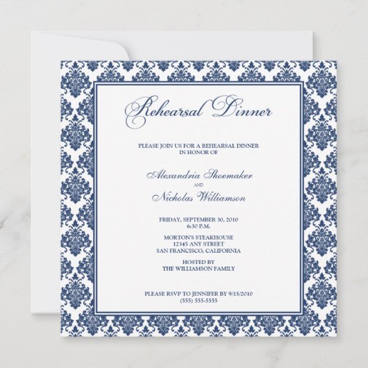 Verbluffende Damask repesal Dinner Invite (marine) Kaart (Voorkant)