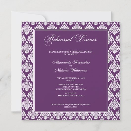 Verbluffende Damask repesal Dinner Invite (paars) Kaart (Voorkant)