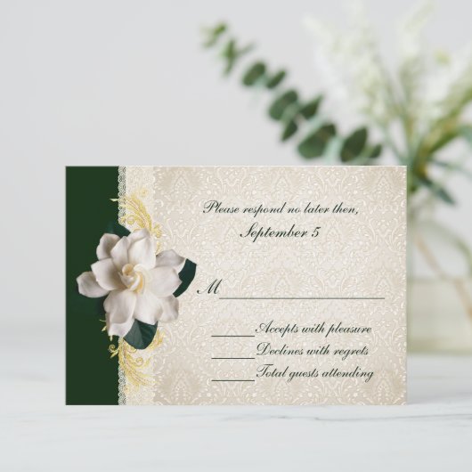 Verbluffende donkergroene en ivory Gardenia Weddin RSVP Kaartje (Staand voorkant)