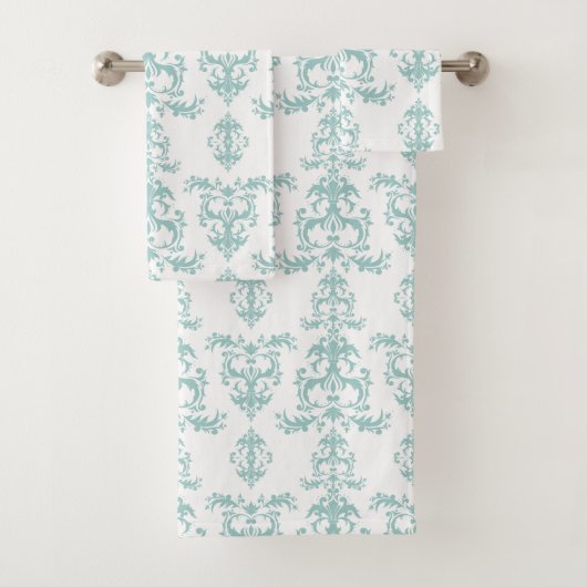 Verbluffende Duck Egg Blue Damask Wath-handdoekset Bad Handdoek (Insitu)