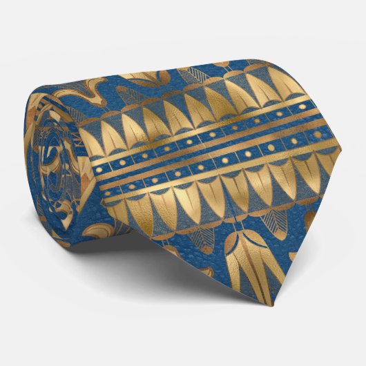 Verbluffende Egyptische Royal Blue en Gold Pattere Stropdas (Opgerold)