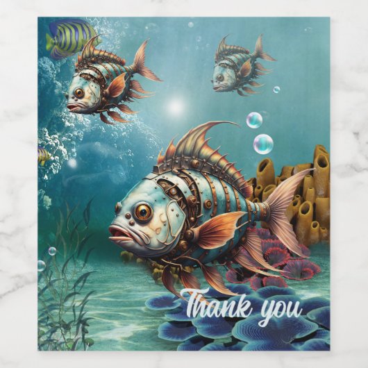 Verbluffende fantasie steampunk vis wijn etiket (Enkel label)