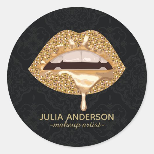 Verbluffende Floral Damask Gold Lips Makeup Artist Ronde Sticker (Voorkant)