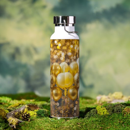 Verbluffende Gele en Gouden Bokeh Ballon Waterfles (Buiten)