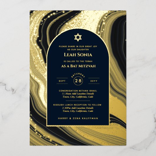 Verbluffende GOLD FOIL Agate Marble Bat Mitzvah Folie Uitnodiging (Voorkant)
