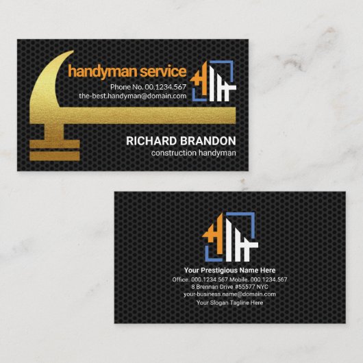 Verbluffende Gold Hammer Black Wire Mesh Handyman Visitekaartje (Voorkant / Achterkant)