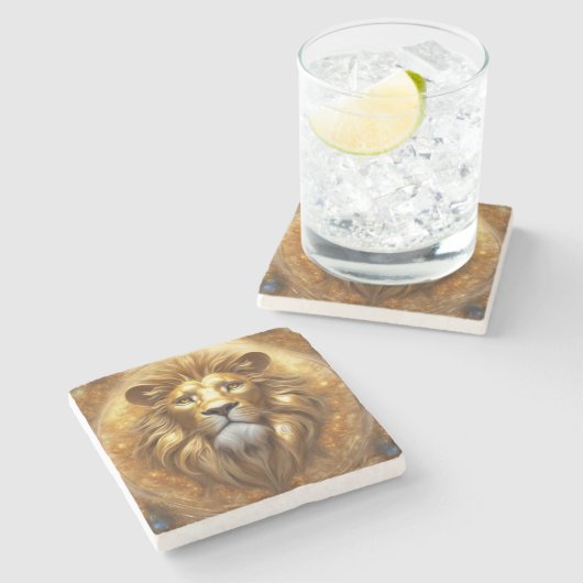 Verbluffende Gold Lion Head Stenen Onderzetter (Zijkant)