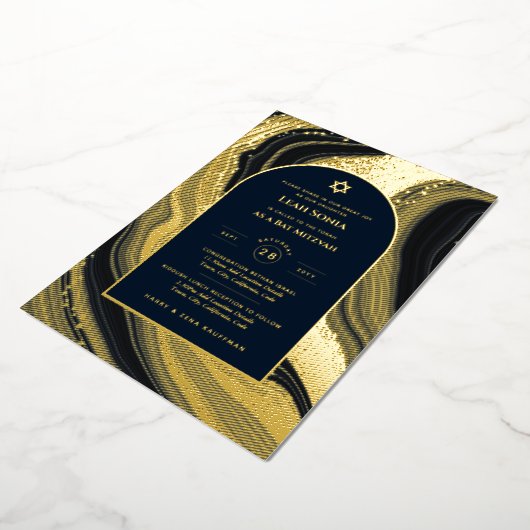 Verbluffende GOUD FOLIE Agaat Knikker Bat Mitzvah Folie Uitnodiging (Gedraaid)