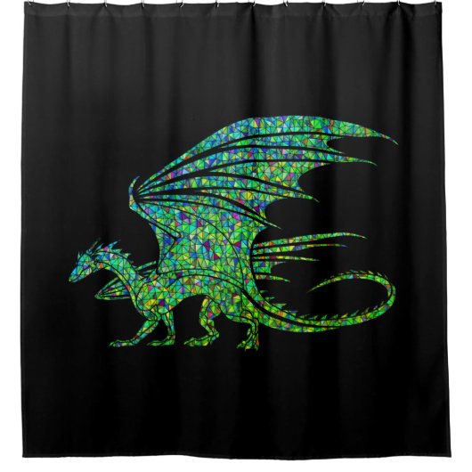 Verbluffende groene mozaïekdraak op zwart douchegordijn (Voorkant)