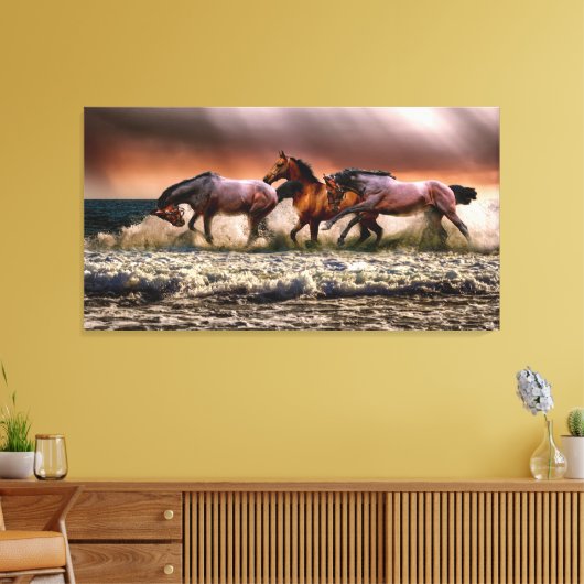 Verbluffende hengsten spelen in de oceaan golven canvas afdruk (Insitu (Woonkamer))