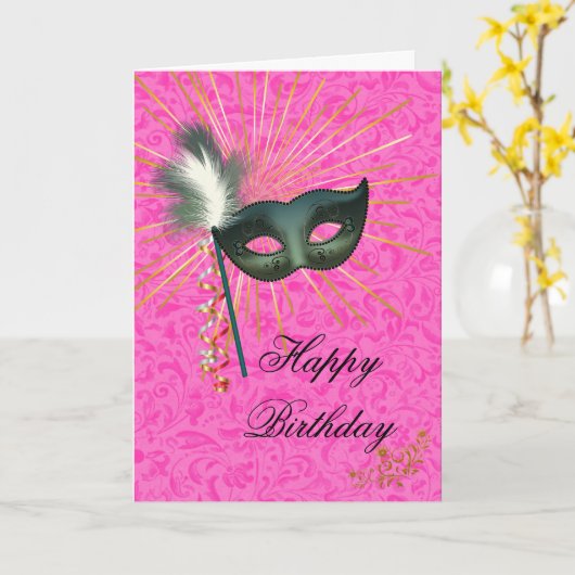 Verbluffende Hot Pink Masquerade Happy Birthday Kaart (Gele Bloem)