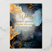 Verbluffende Indigo Blue en Gold Abstract Folie Uitnodiging (Voorkant)