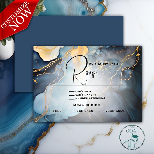 Verbluffende Indigo Blue en Gold Abstract RSVP Kaartje