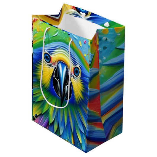 Verbluffende kleurrijke Splatter Paint Parrot Medium Cadeauzakje (Voorkant Gekanteld)