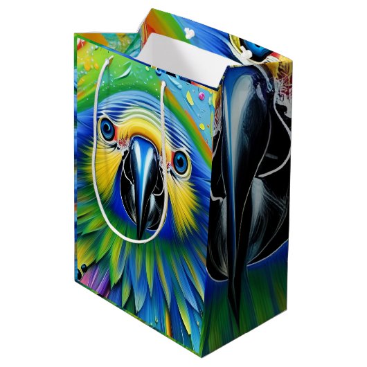 Verbluffende kleurrijke Splatter Paint Parrot Medium Cadeauzakje (Achterkant Gekanteld)