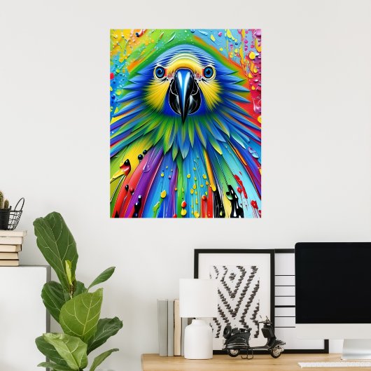 Verbluffende kleurrijke Splatter Paint Parrot Poster (Thuiskantoor)