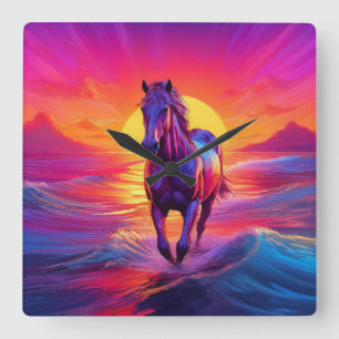 Verbluffende kunst van paard bij zonsondergang vierkante klok