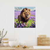Verbluffende leeuw in Lila Flower Field Faith Poster (Keuken)