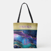 Verbluffende Paarse Blauwgroen monogram naam Tote Bag (Achterkant)