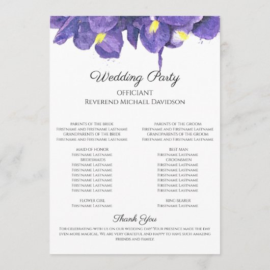 Verbluffende Paarse Waterverf van Irisa's Programmakaart (Achterkant)