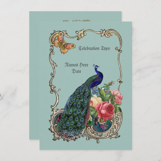 Verbluffende pauw en bloemen uitnodigingen (Voorkant / Achterkant)