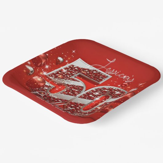 Verbluffende rode en zilveren glitter 50e verjaard papieren bordje (Gebogen)