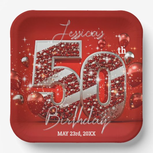 Verbluffende rode en zilveren glitter 50e verjaard papieren bordje (Voorkant)