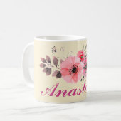 Verbluffende roze bloemen met jouw naam koffiemok (Voorkant links)