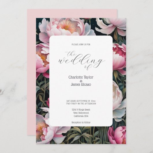 Verbluffende roze en witte pioenen Elegante bruilo Kaart (Voorkant / Achterkant)