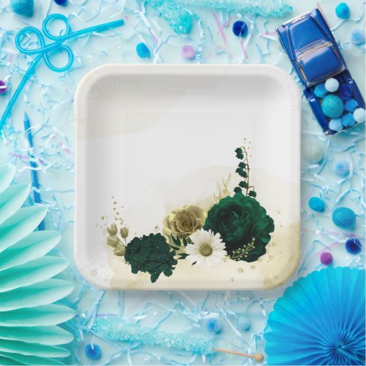 Verbluffende smaragdgroene ivoorgoudbloemen papieren bordje (Feest)