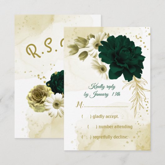 Verbluffende smaragdgroene ivoorgoudbloemen RSVP kaartje (Voorkant / Achterkant)